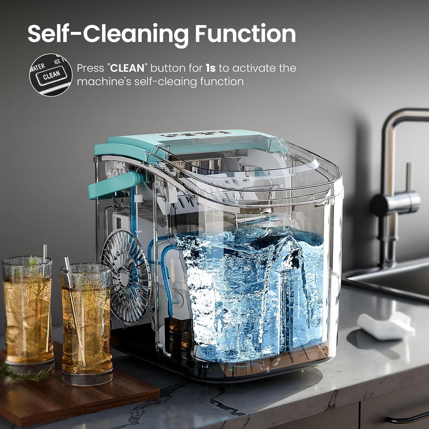 Havato Countertop Ice Maker, 9 Bullet Ice Cubes in 6 Mins, 26lbs/24H, w/ Scoop & Basket, Light Green