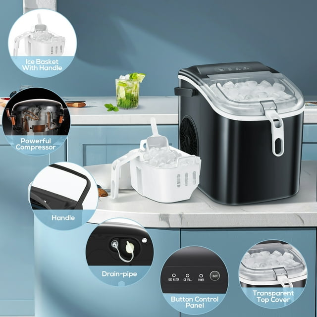LHRIVER Countertop Ice Maker, Portable Ice Machine with Handle, 26Lbs/24H, 9Pcs/6Mins, One-Click Operation Ice Makers, with Ice Scoop and Basket, for Kitchen/Bar/Party - (Black)