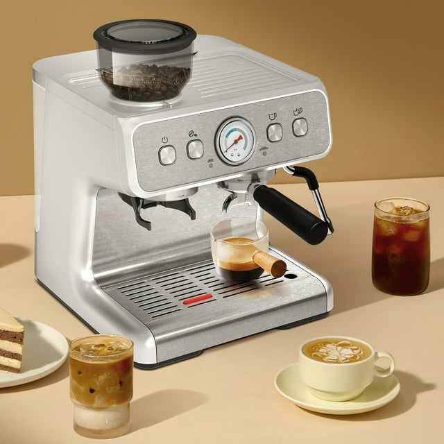 LHRIVER Coffee Maker, 15 Bar, Semi-Automatic, Intelligent Temperature Control, Overheat Protection, Auto Shut-Off, Large 2.8L Water Tank, Dual Cup Brewing, for Home, Office, Coffee Shop - Silver