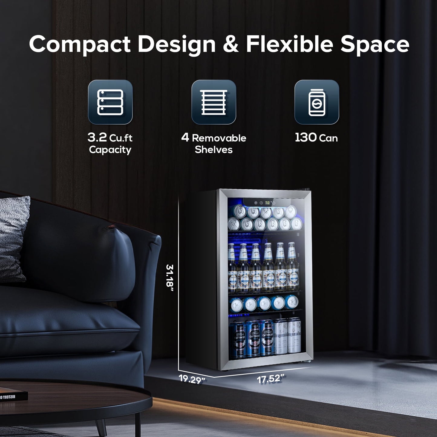 LHRIVER 3.2Cu.ft Beverage Refrigerator and Cooler, 130 Can Mini Fridge, Freestanding Constant Wine Chiller with Glass Door (Silver)