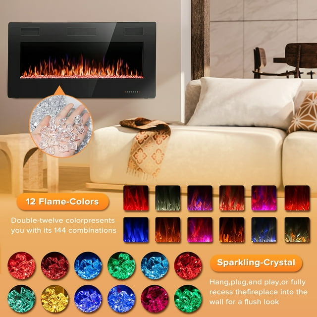 LHRIVER Embedded Wall Mounted Indoor Electric Fireplace, 36 inch, Ultra-thin Low Noise Lightweight LED Fireplace Heater, Touch Screen, Timer, 1500W, Adjustable Flame Color and Speed, Black