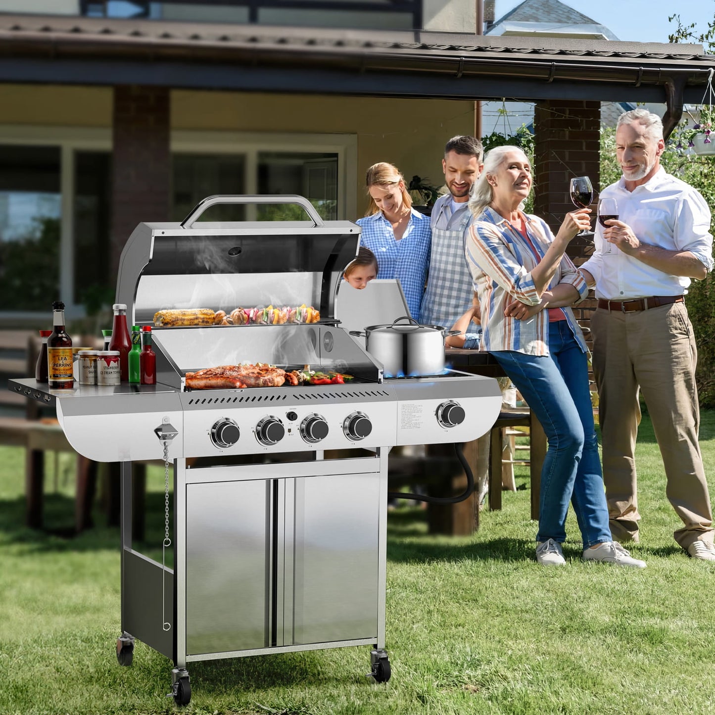 LHRIVER Stainless Steel 3 Burner Propane Gas Grill with Side Burner, 34,000 BTU Patio Garden Barbecue Grill,Porcelain-Enameled Cast Iron Grates