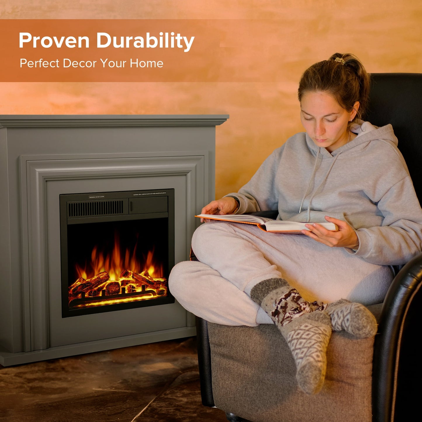 LHRIVER Electric Fireplace, Free Standing Fireplace, with Remote Control, Adjustable LED Flame, 750W/1500W -(Grey)