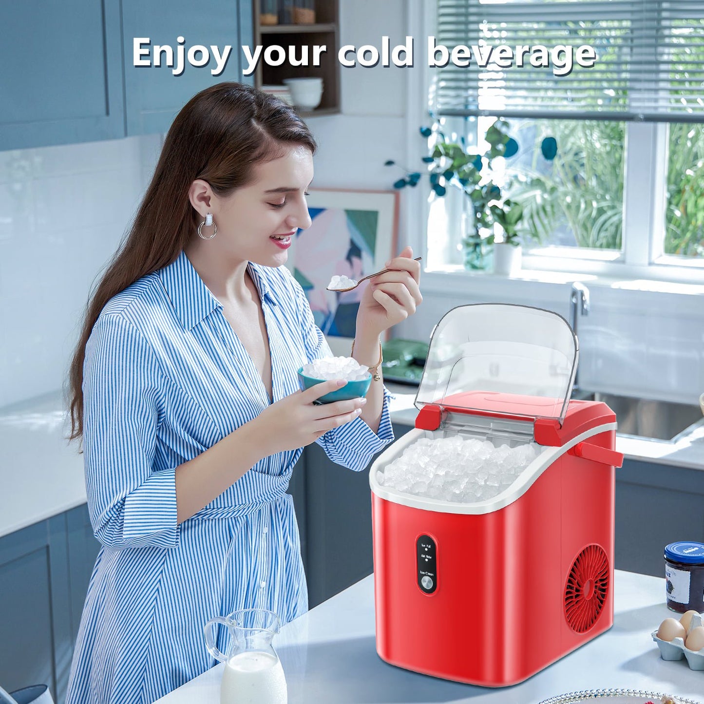 Havato Nugget Portable Ice Maker, 33lbs/24H, Self-Cleaning Function, First Choice for Home/Office/Parties , Red