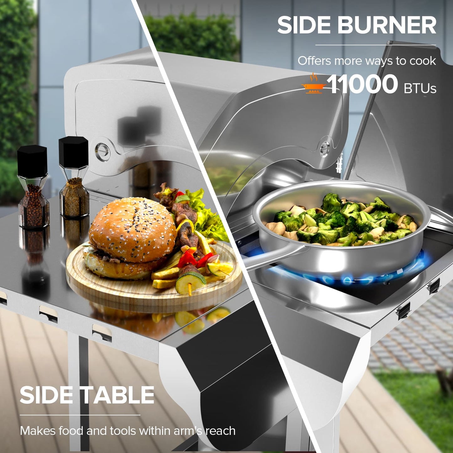 LHRIVER Stainless Steel 4-Burner Gas Grill with Side Burner, 42000BTU Barbecue Propane Grill for Outdoor Patio