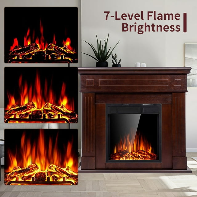 LHRIVER Freestanding Wooden Frame Fireplace with TV Stand, Electric Fireplace Mantel Heater, Various Brightness & Realistic Flames & Remote Control, Home/Office/Cafe,750W-1500W, Brown