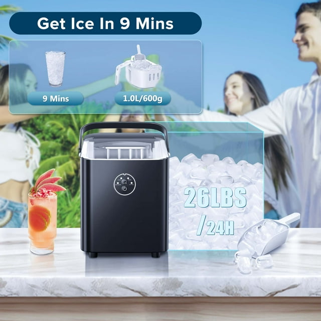 LHRIVER Portable Ice Maker Machine, Portable Ice Maker Machine with Handle, 26lbs/24H, 8 Bullet Ice Cubes of 2 Sizes S/L Ready in 9 Mins, Self-Cleaning for Home/Kitchen/Office/Party - Black