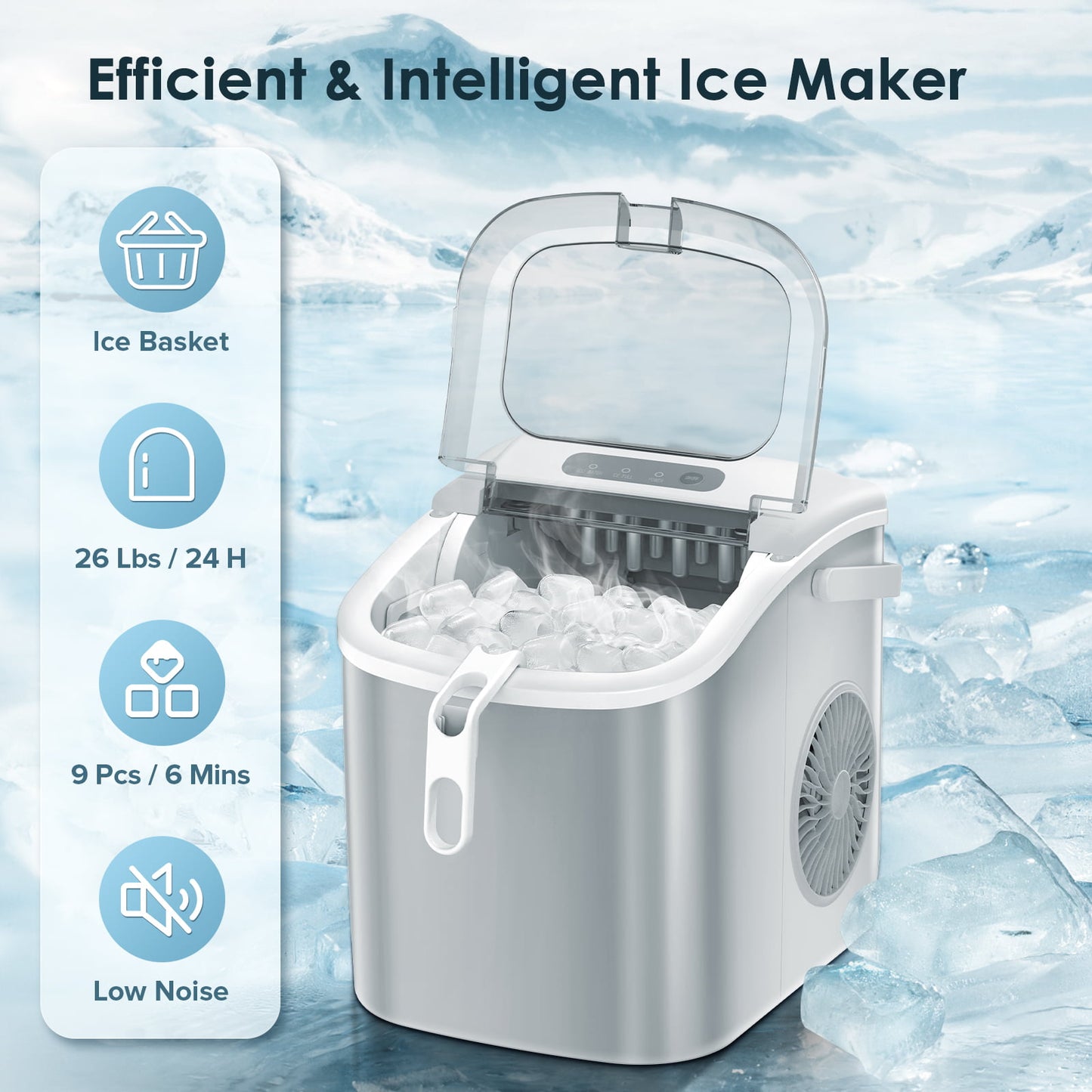 LHRIVER Countertop Ice Maker, Portable Ice Machine with Handle, 26Lbs/24H, 9Pcs/6Mins, One-Click Operation Ice Makers, with Ice Scoop and Basket, for Kitchen/Bar/Party - (Grey)