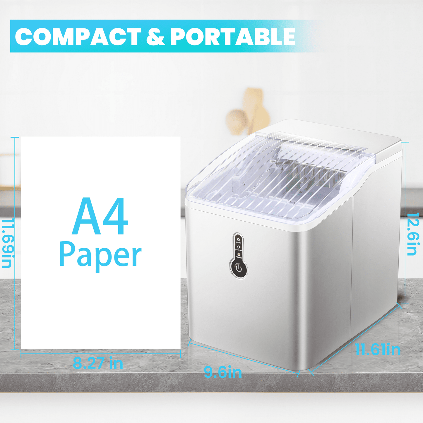 LHRIVER Portable Compact Ice Maker, Countertop Ice Maker Machine with Basket & Ice Scoop, Bullet Ice Cubes, Self-Cleaning, 9Pcs/8Min, 26Lbs/24H, Suitable for Home/Office/Bar/Party-Silver