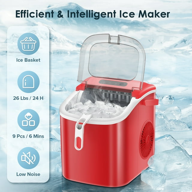 LHRIVER Countertop Ice Maker, Portable Ice Machine with Handle, 26Lbs/24H, 9Pcs/6Mins, One-Click Operation Ice Makers, with Ice Scoop and Basket, for Kitchen/Bar/Party - (Red)