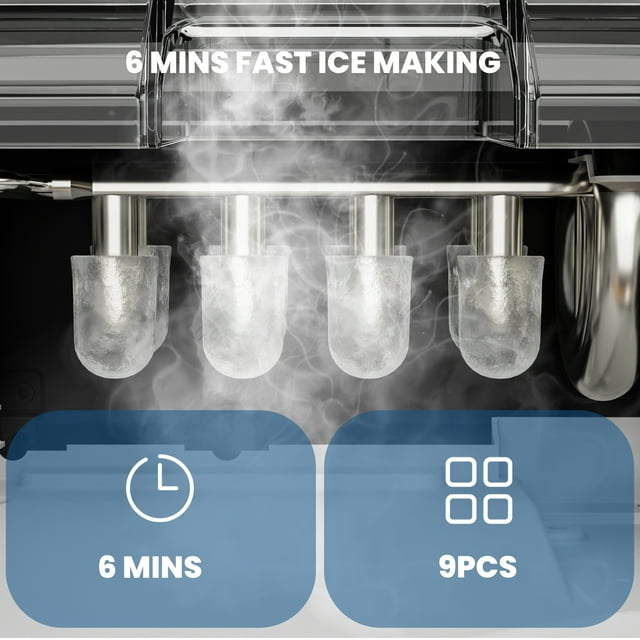 Havato Countertop Ice Maker, 9 Bullets of Ice Cubes in 6 Minutes, Adjustable Ice Cube Size, with Ice Basket, Ice Shovel, Handle and Ice Basket Handle, Black.