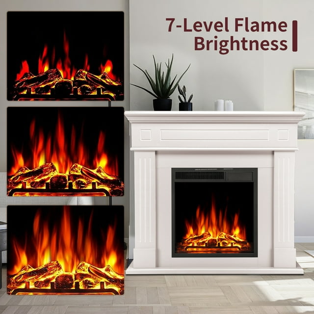 LHRIVER Freestanding Wooden Frame Fireplace with TV Stand, Electric Fireplace Mantel Heater, Various Brightness & Realistic Flames & Remote Control, Home/Office/Cafe,750W-1500W, PEARLWHITE