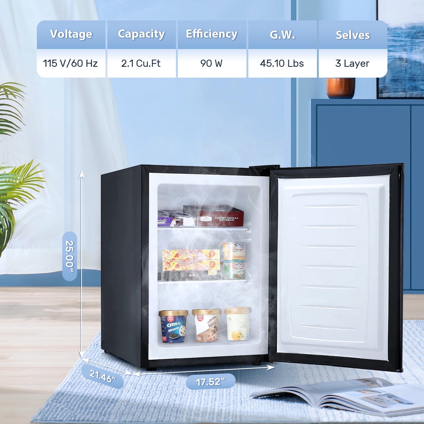 Havato 2.1Cu.ft Mini Vertical Freezer, Energy Saving and Low Noise, Adjustable Bottom Angle, Home/Office/Kitchen, Black