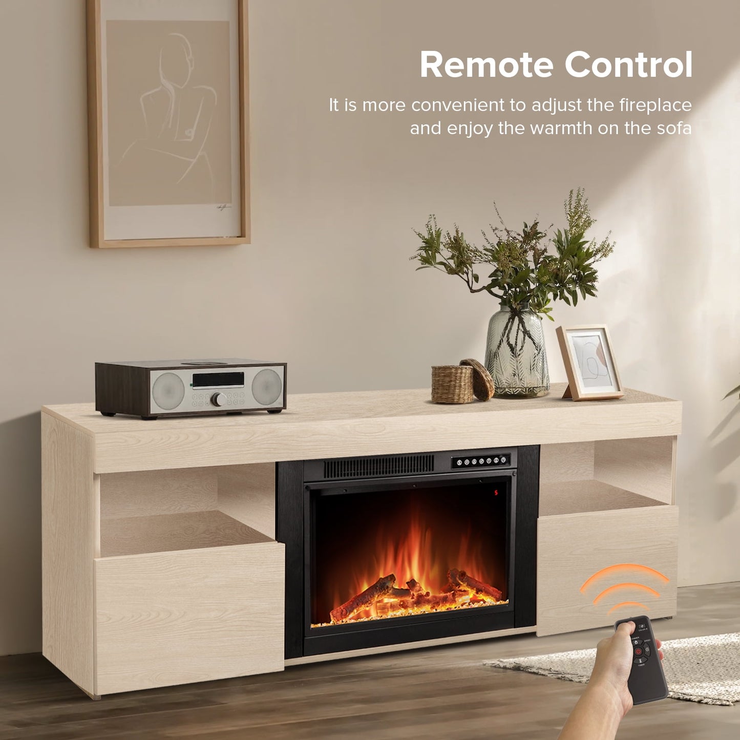 LHRIVER Free Standing Fireplace, Remote Control, 60'', Electric Fireplace Mantel, Adjustable Real 3D Flame Brightness