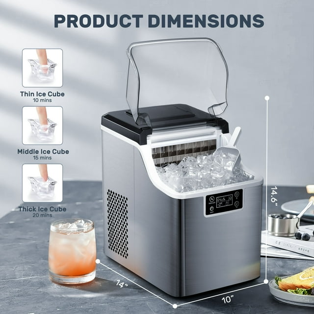 Havato Table Ice Maker, with Automatic Cleaning Function and 24-Hour Timer Function, 44lbs /24H, Suitable for Home/Office/Bar/Party, Stainless Steel Color
