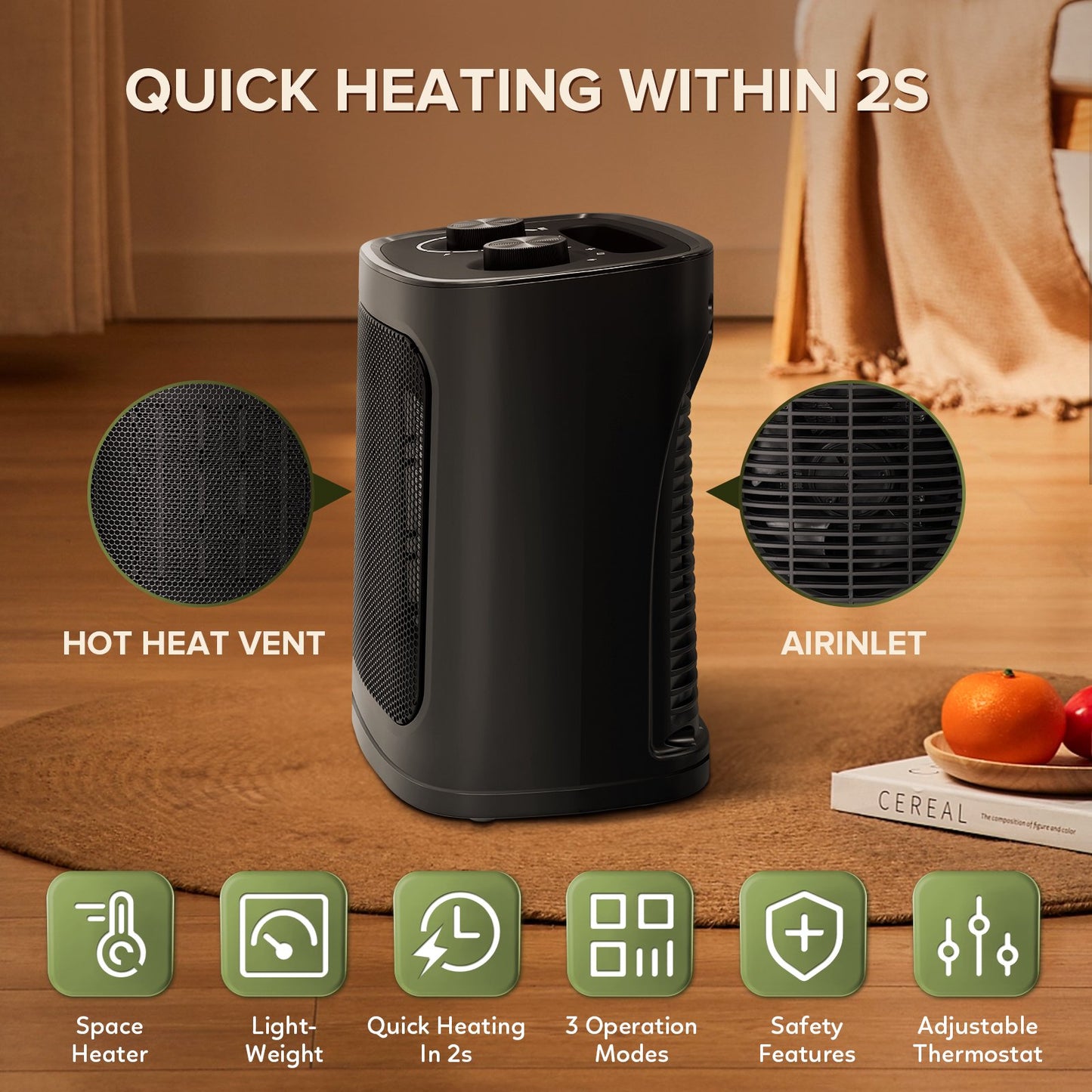 LHRIVER Small Space Heater for Indoor Use - ETL Certified Ceramic Portable Heater Fan, 1500W/750W, Ideal for Home/Dorm/Office, Black