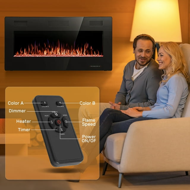 LHRIVER Embedded Wall Mounted Indoor Electric Fireplace, 36 inch, Ultra-thin Low Noise Lightweight LED Fireplace Heater, Touch Screen, Timer, 1500W, Adjustable Flame Color and Speed, Black