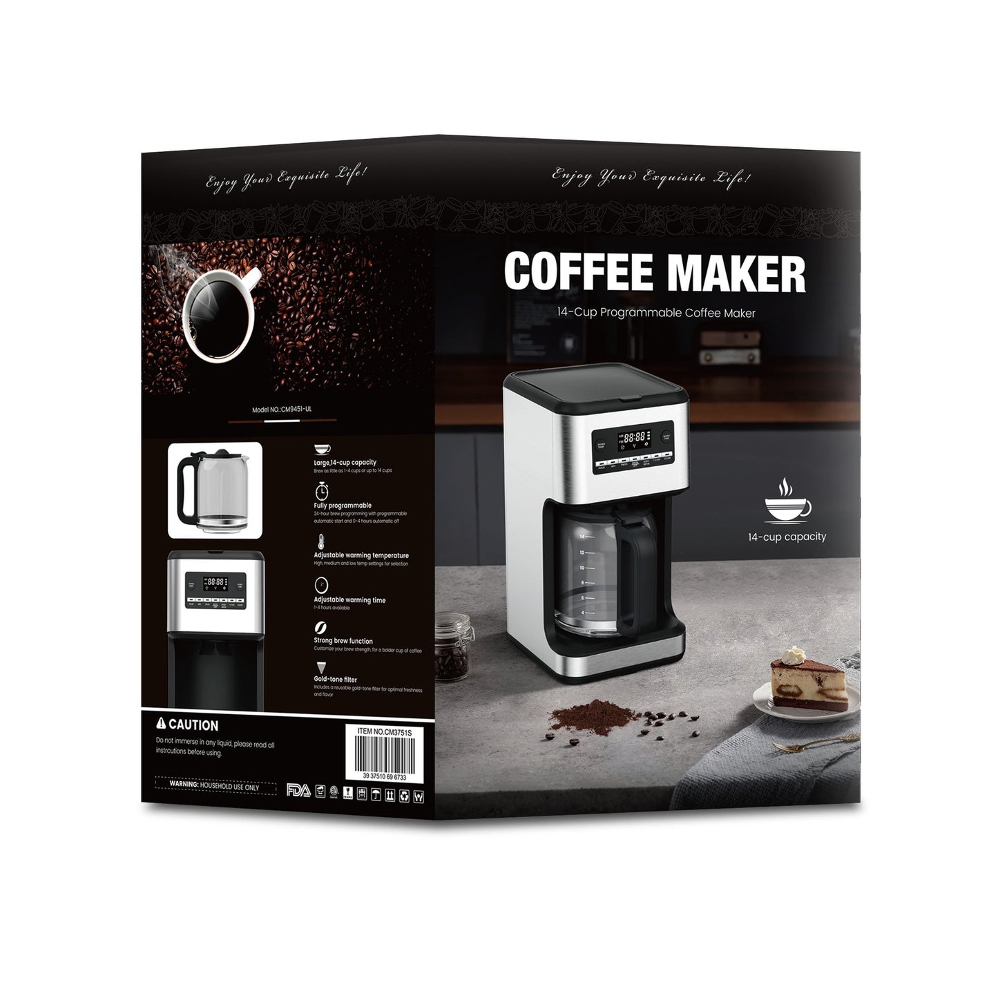 LHRIVER Coffee Maker, 14-Cup Glass Carafe, Schedulable & Programmable, 1-4 Cup Setting, Self-cleaning, Stainless Steel, Silver