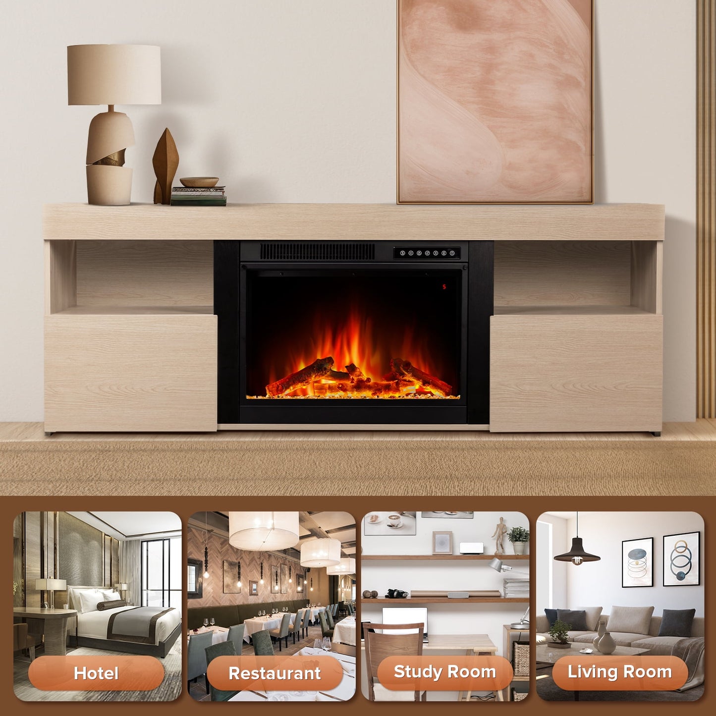 LHRIVER Free Standing Fireplace, Remote Control, 60'', Electric Fireplace Mantel, Adjustable Real 3D Flame Brightness (LIGHTOAK)