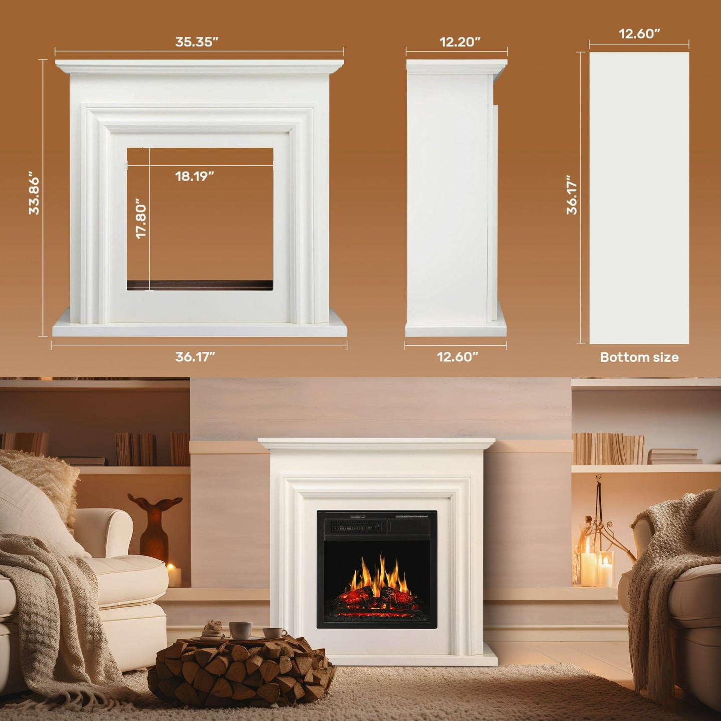 LHRIVER Electric Fireplace, Free Standing Fireplace, with Remote Control, Adjustable LED Flame, 750W/1500W -(White)