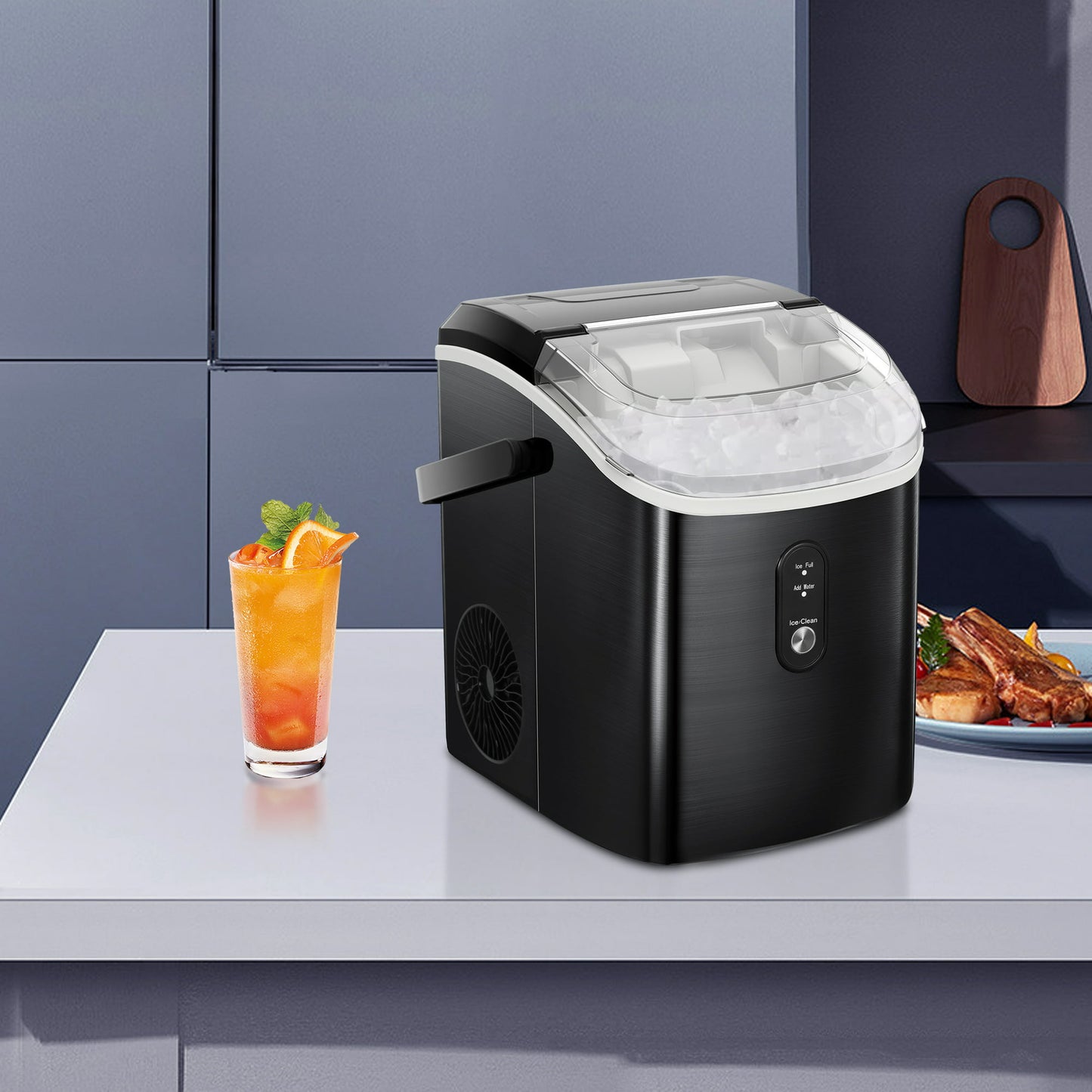 LHRIVER Nugget Ice Maker with Handle, Portable Compact Ice Maker, Self-Cleaning, 33lbs/Day, Removable Ice Basket&Scoop for Home/Office