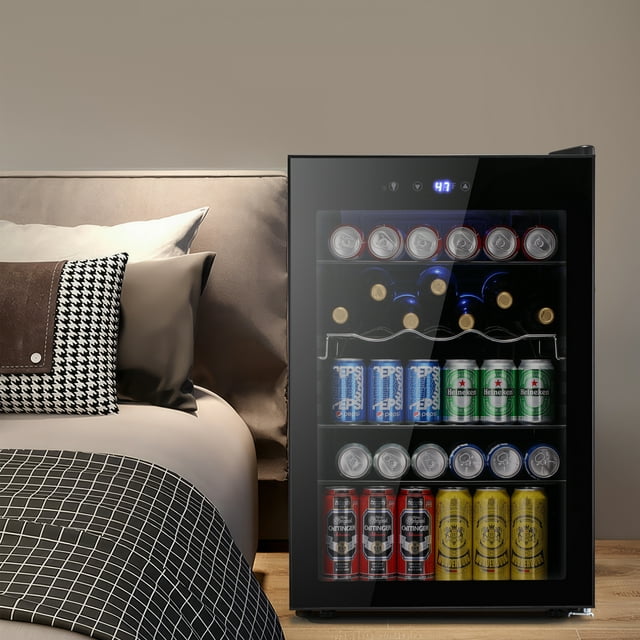 LHRIVER 4.4Cu.ft Beverage Refrigerator Cooler, 37 Bottles Mini Fridge with Glass Door for Soda Beer or Wine, With Adjustable Removable Shelves, Bar/Office/Home