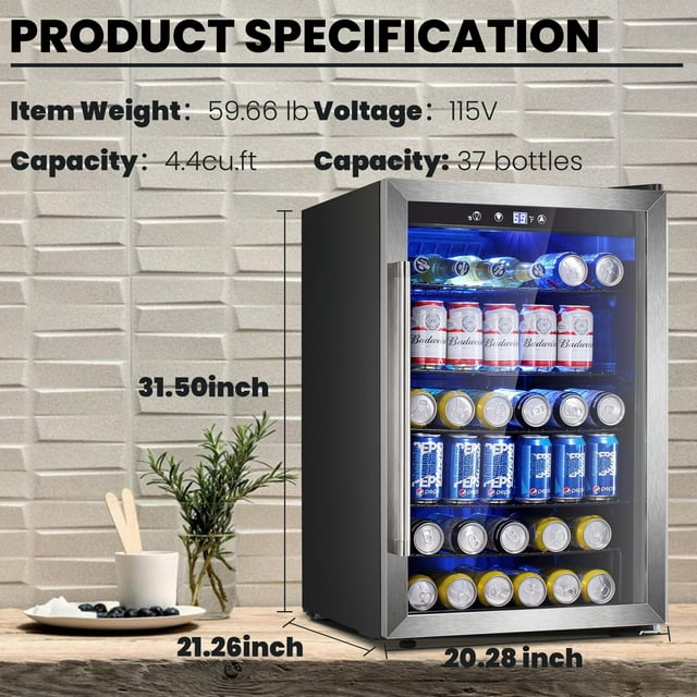 LHRIVER 4.4Cu.ft Beverage Refrigerator Cooler, 37 Bottles Mini Fridge with Glass Door for Soda Beer or Wine, With Adjustable Removable Shelves