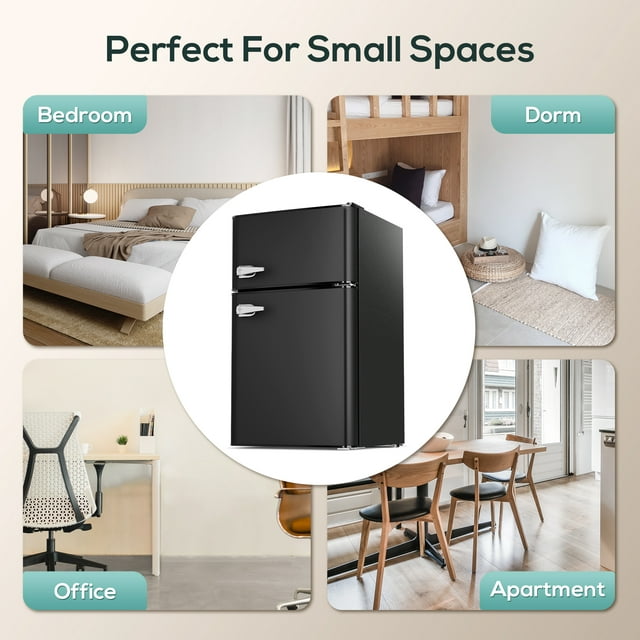 Havato Two-door Mini Fridge with Freezer and Handle, Compact Retro Refrigerator, Suitable for Dormitory, Office, Bar, RV and Bedroom, Black
