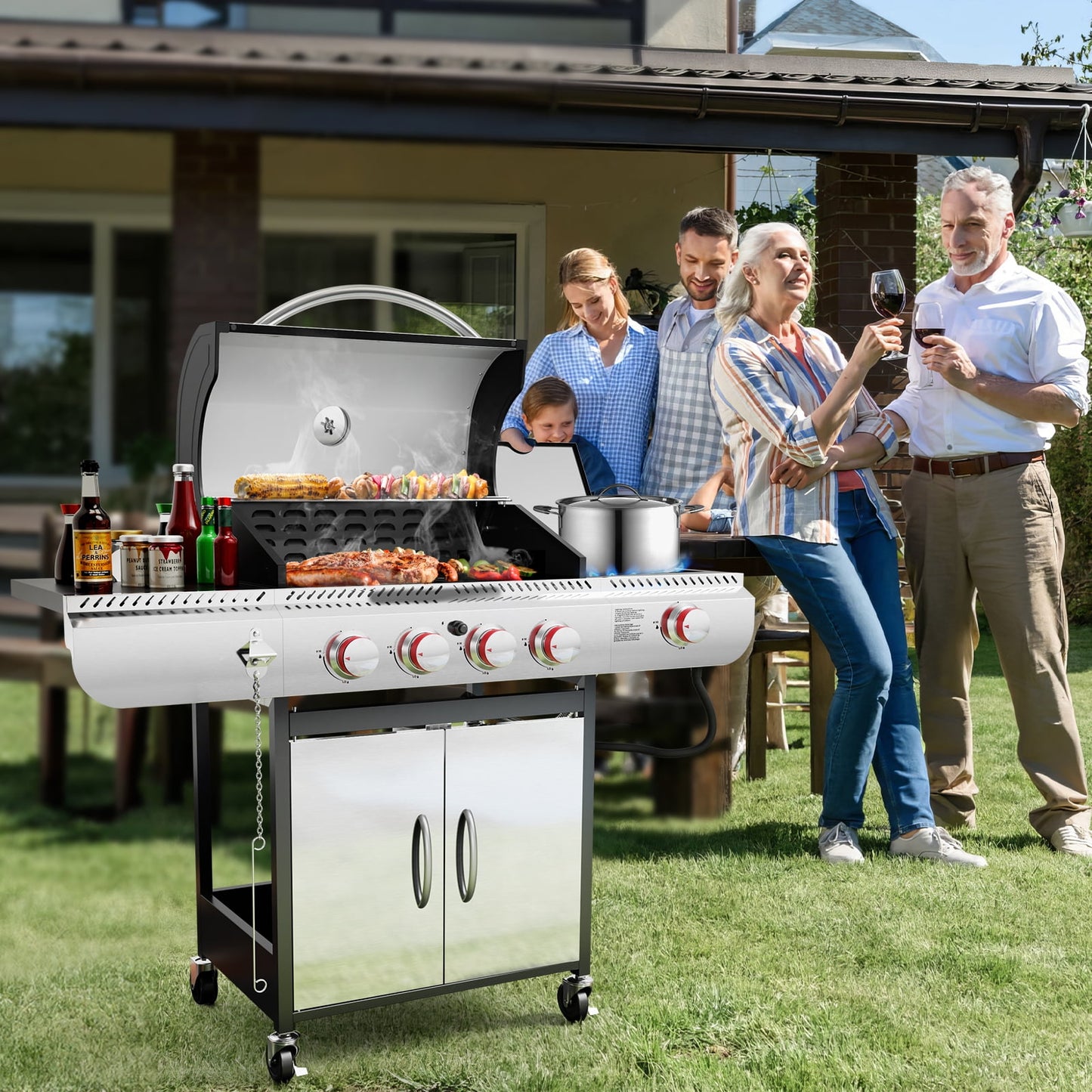4-Burner Propane Gas Grill with Side Burner, Portable Stainless Steel BBQ Outdoor Cooker, 42,000 BTU, LHRIVER