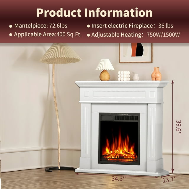 LHRIVER Freestanding Wooden Frame Fireplace with TV Stand, Electric Fireplace Mantel Heater, Various Brightness & Realistic Flames & Remote Control, Home/Office/Cafe,750W-1500W, White