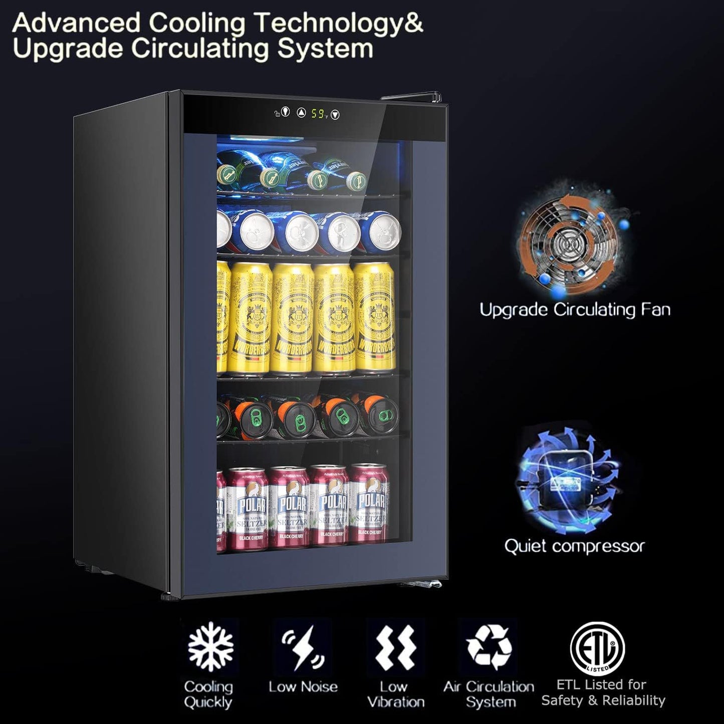 Havato 100 Cans Beverage Refrigerator Cooler, 2.3 Cu.Ft Wine Cellar with Digital Temperature Control and Transparent Single Glass Door,Soft LED light,Black.