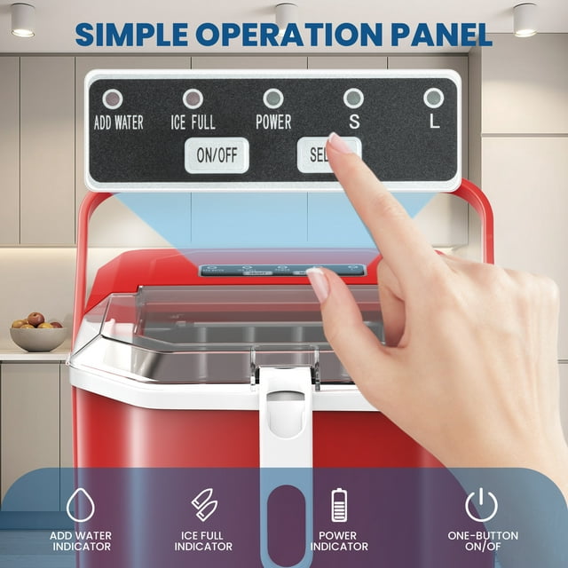 LHRIVER Portable Compact Self-cleaning Ice Maker With Handle and Ice Scoop, Bullet Ice Cubes, 9Pcs/8Min 26Lbs/24H for Home/Office/Bar/Party (Red)