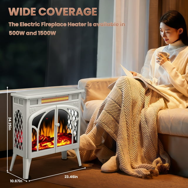 LHRIVER Electric Fireplace Heater 25’’ with 3D Realistic Flame Effect, Freestanding Fireplace, Different Flame Color, 500W/1500W,- BEIGE