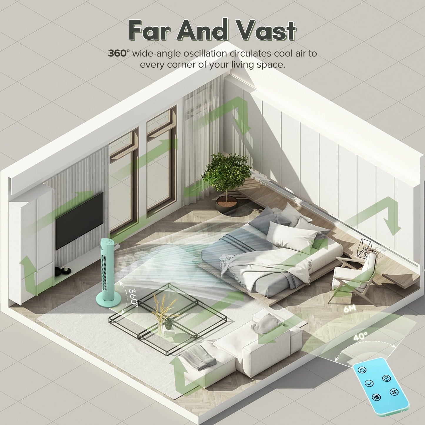 Havato Portable Independent Tower Fan, 360° Oscillating Fans, 3 Speeds, 15H Timer, 3-in-1 Fan Modes, Green