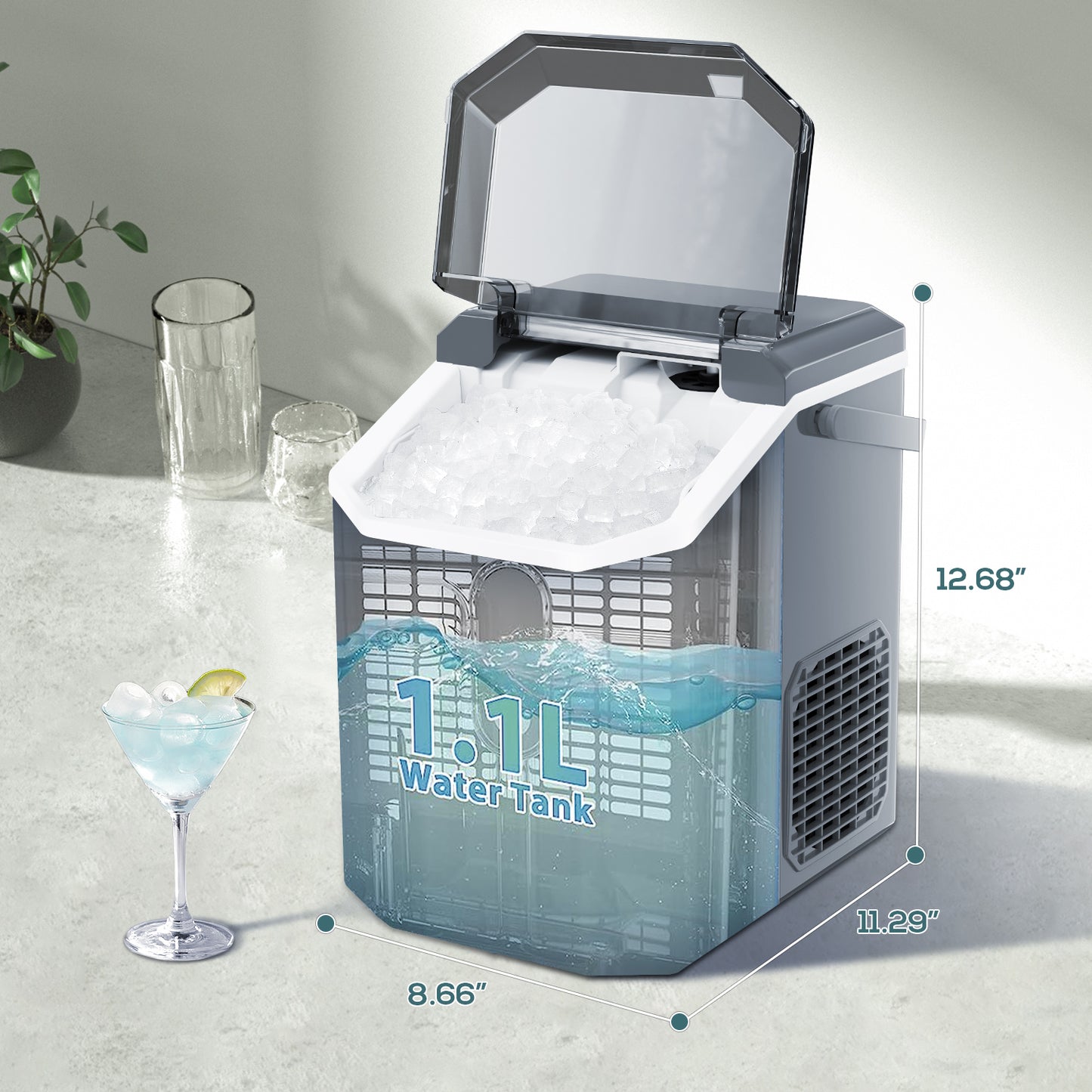 LHRIVER Nugget Countertop Ice Maker with Soft Chewable Ice, 34Lbs/24H, Self-Cleaning, Ice Scoop,Grey