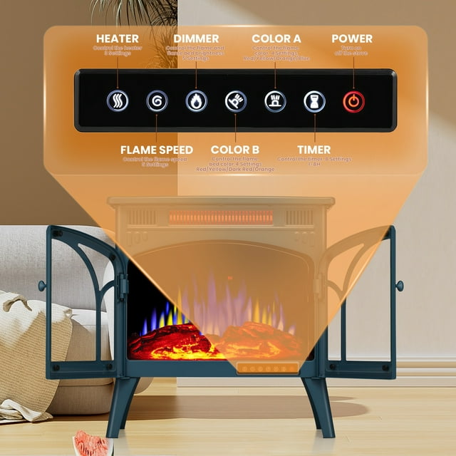 LHRIVER Electric Fireplace Heater 25’’ with 3D Realistic Flame Effect, Freestanding Fireplace, Different Flame Color, 500W/1500W,- DARKGREEN