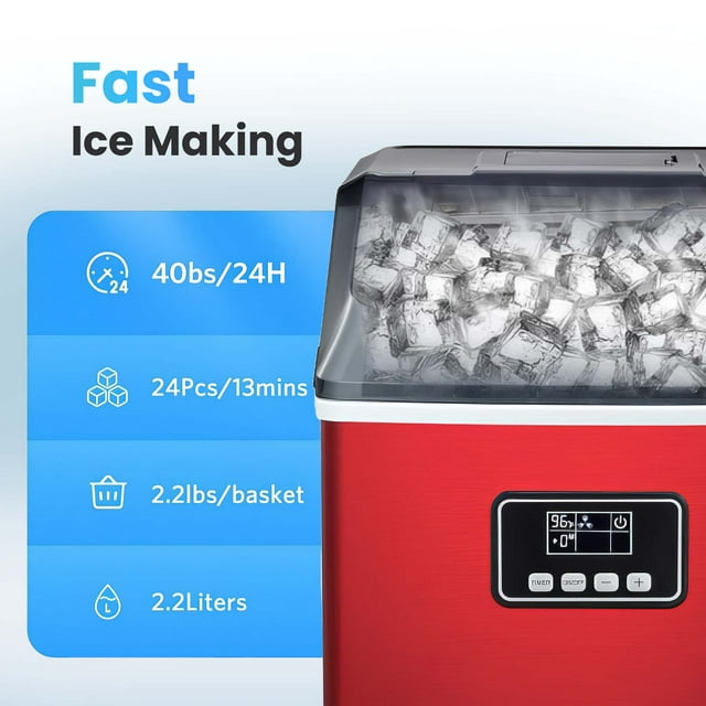 LHRIVER Ice Maker Machine,40LBS/24H, Portable Ice Cube Makers, Self-Cleaning, Easy-to-Control LCD Display, See-Through Lid for Office/Home/Bar (Red)