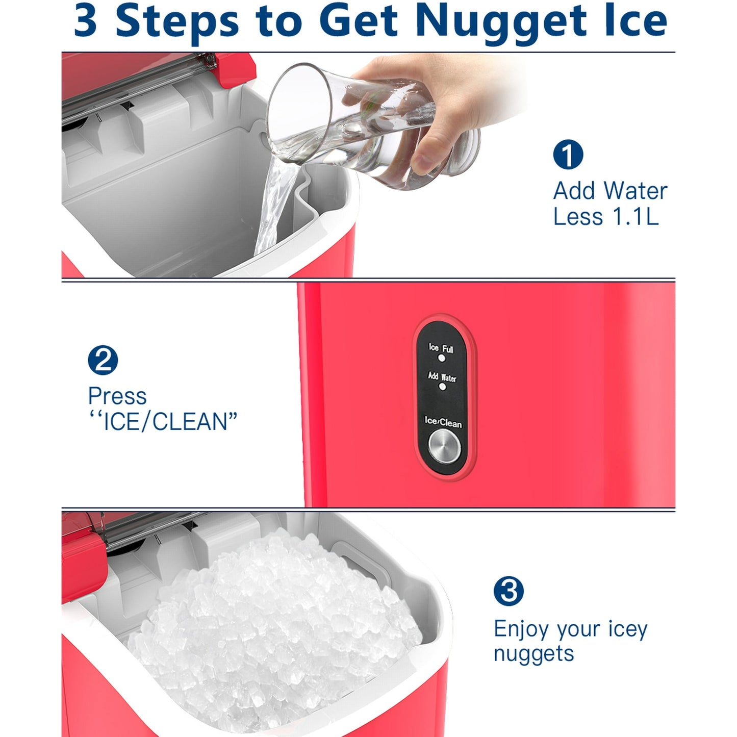 LHRIVER 35lbs Countertop Ice Maker, Crushed Nugget Ice Type with Scoop, Cubes Ready in 10 Mins, Red