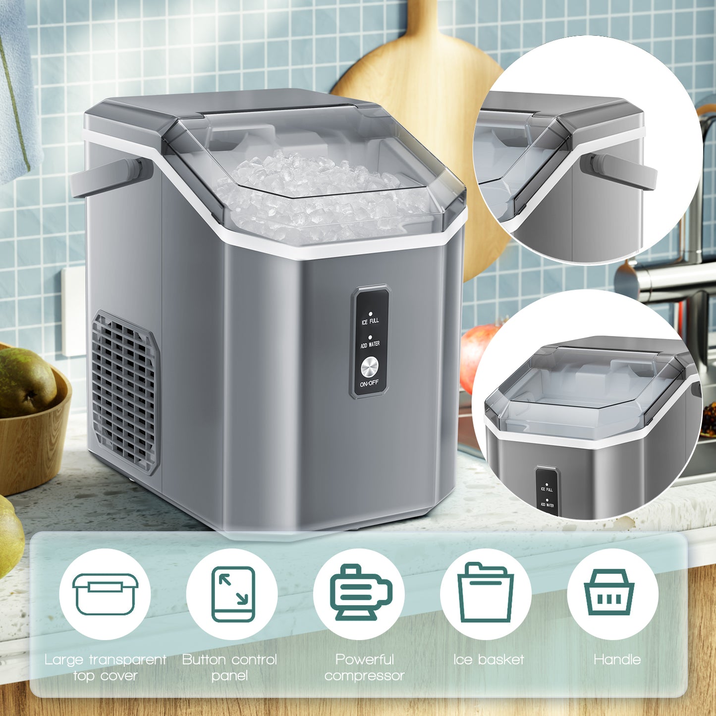 LHRIVER Nugget Countertop Ice Maker with Soft Chewable Ice, 34Lbs/24H, Self-Cleaning, Ice Scoop,Grey