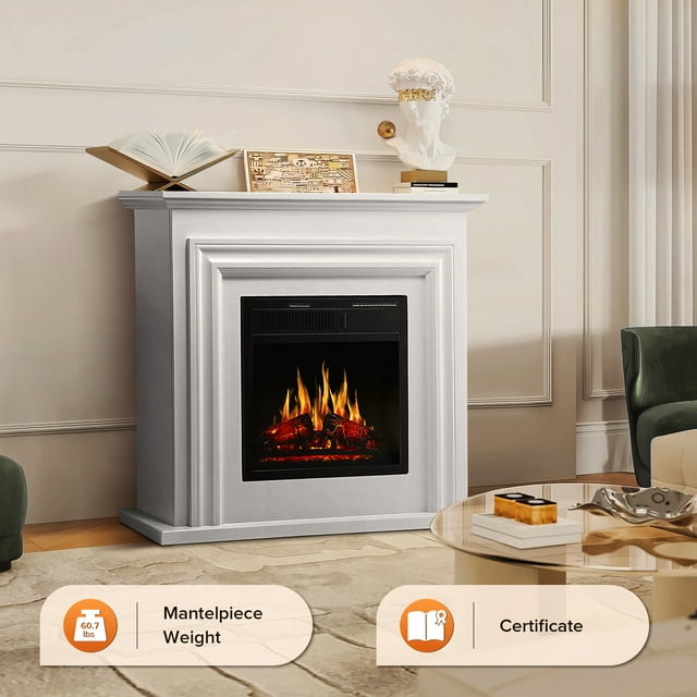 LHRIVER Electric Fireplace, Free Standing Fireplace, with Remote Control, Adjustable LED Flame, 750W/1500W -(Pearlwhite)