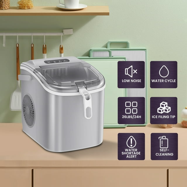 Havato Table Portable Quick Ice Maker, with Ice Basket, Ice Shovel, Ice Basket Handle, 9/6-12Min, 12KG/24H, Bullet Ice, Self-Cleaning, Water Shortage/Ice Fullness Prompt, Home/Kitchen/Office/Bar, Gray