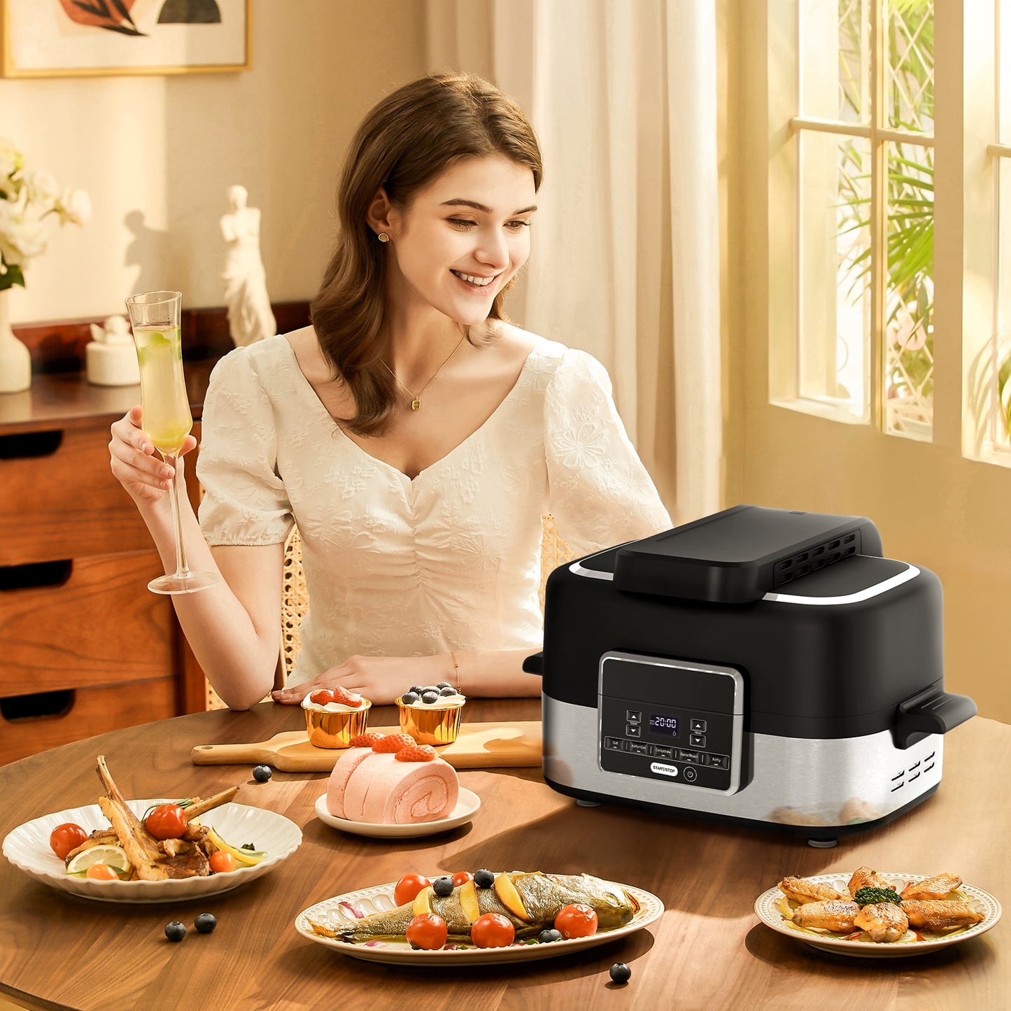 5-in-1 Electric Indoor Grill & Air Fryer Combo, 5QT Large Capacity, Stainless Steel Smokeless, Roast, Bake, Dehydrate, Beef & Fries, Black, LHRIVER