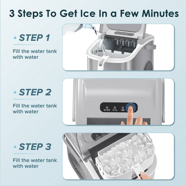 LHRIVER Countertop Ice Maker, Portable Ice Machine with Handle, 26Lbs/24H, 9Pcs/6Mins, One-Click Operation Ice Makers, with Ice Scoop and Basket, for Kitchen/Bar/Party - (Grey)