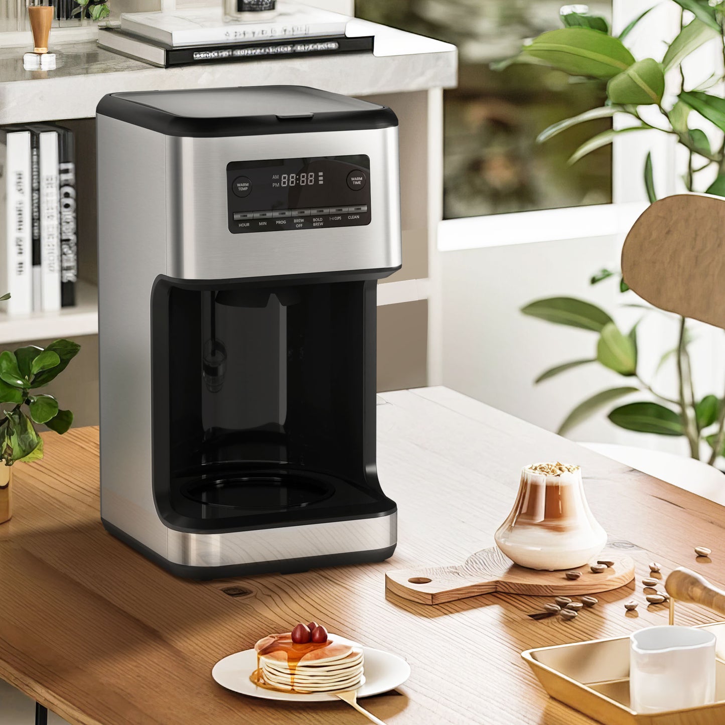 LHRIVER Coffee Maker, 14-Cup Glass Carafe, Schedulable & Programmable, 1-4 Cup Setting, Self-cleaning, Stainless Steel, Silver