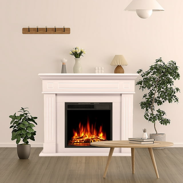 LHRIVER Freestanding Wooden Frame Fireplace with TV Stand, Electric Fireplace Mantel Heater, Various Brightness & Realistic Flames & Remote Control, Home/Office/Cafe,750W-1500W, PEARLWHITE