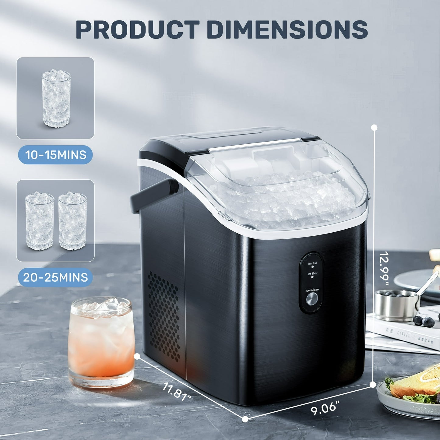 LHRIVER Portable Nugget Ice Maker Countertop, Self-Cleaning Function, 35lbs/24H, for Home/Office/Party Stainless Steel--Black