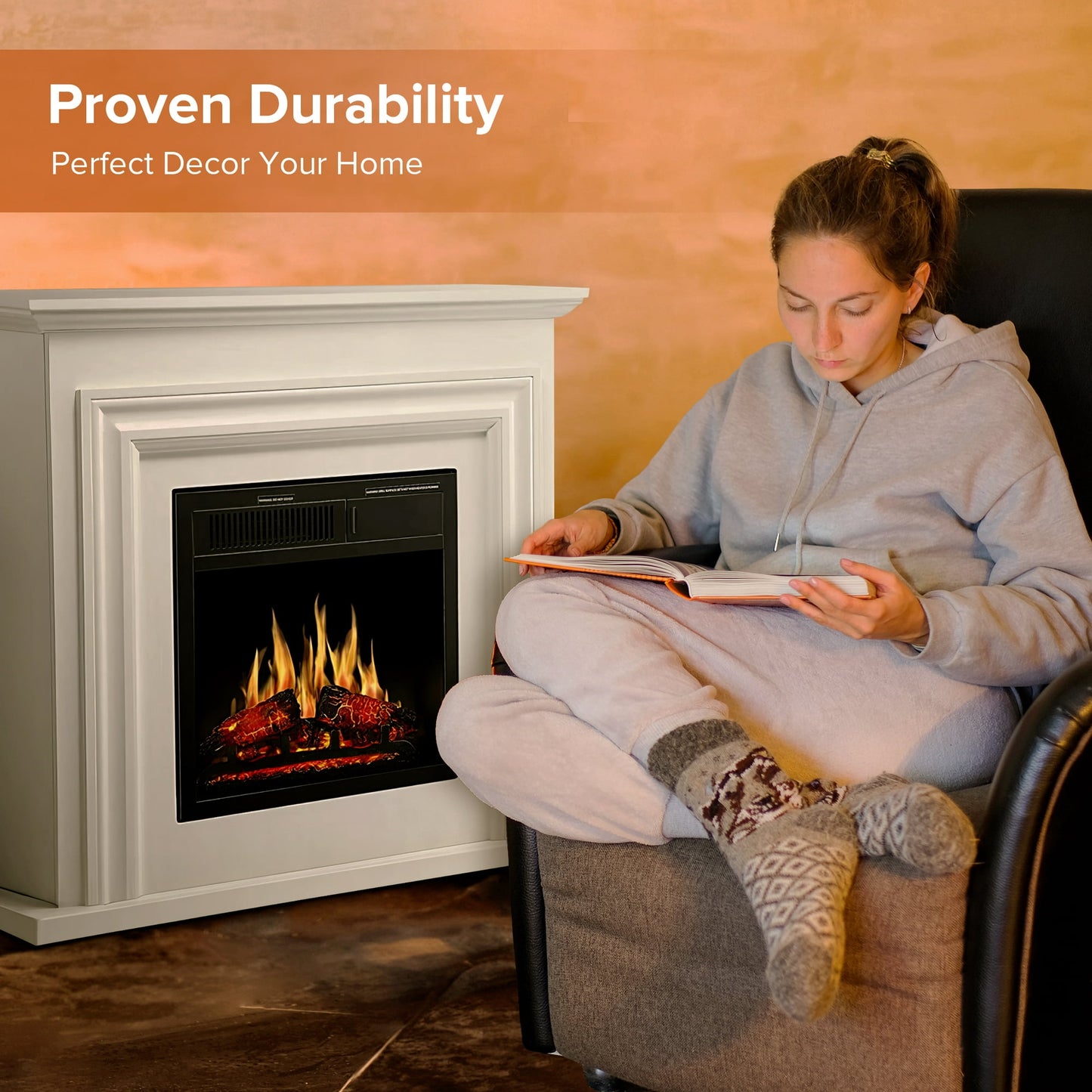 LHRIVER Electric Fireplace, Free Standing Fireplace, with Remote Control, Adjustable LED Flame, 750W/1500W -(White)