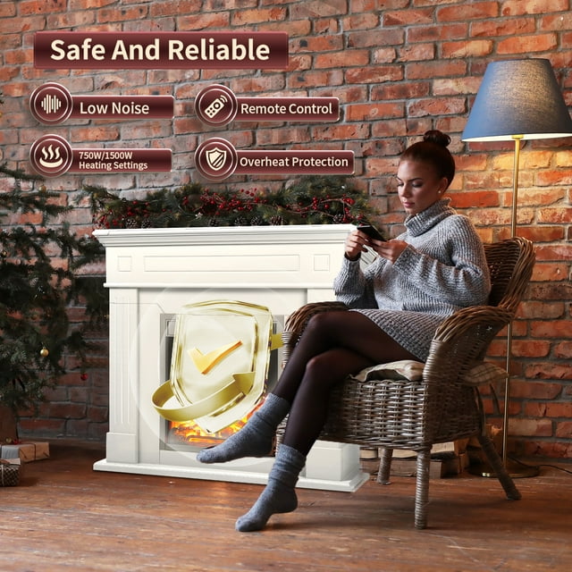 LHRIVER Freestanding Wooden Frame Fireplace with TV Stand, Electric Fireplace Mantel Heater, Various Brightness & Realistic Flames & Remote Control, Home/Office/Cafe,750W-1500W, White