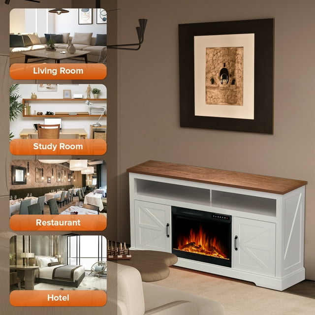 LHRIVER Electric Fireplace, 60"Heater Wooden Surround Firebox, Adjustable LED Flame, Remote Control, 750W-1500W, Fireplace TV Stand (Walnut)