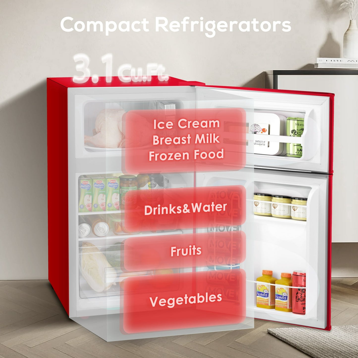 LHRIVER Mini Refrigerator 3.2Cu.Ft Compact Fridge 2-Double Doors with a Freezer Low Noise Defrost Storage of Beverages Vegetables and Fruits for Home Office Dorm